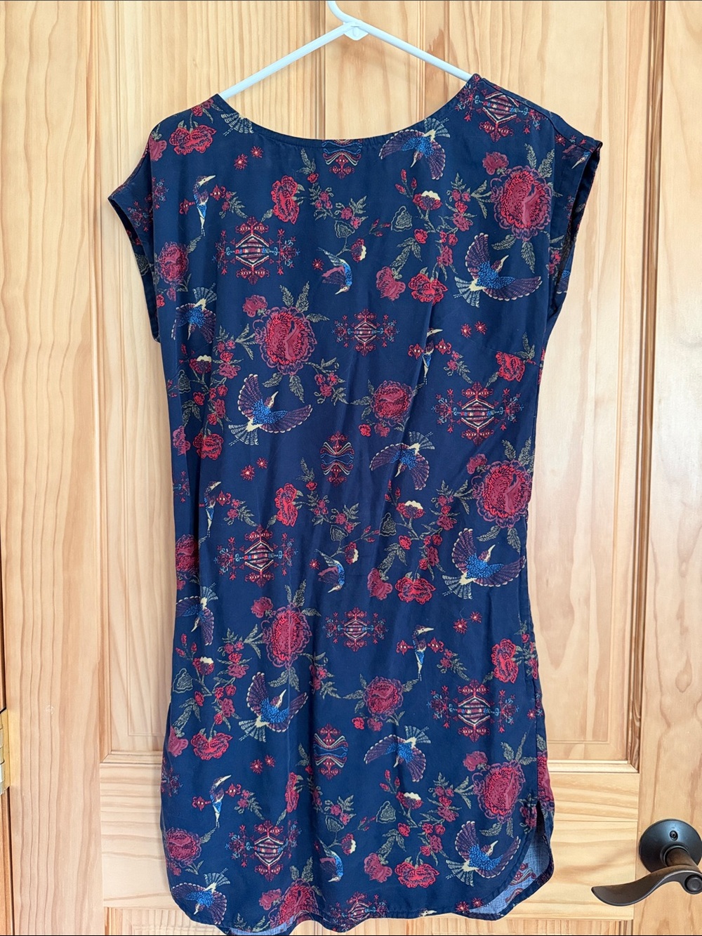 Patagonia Navy Midi Dress with Red Floral & Bird Print